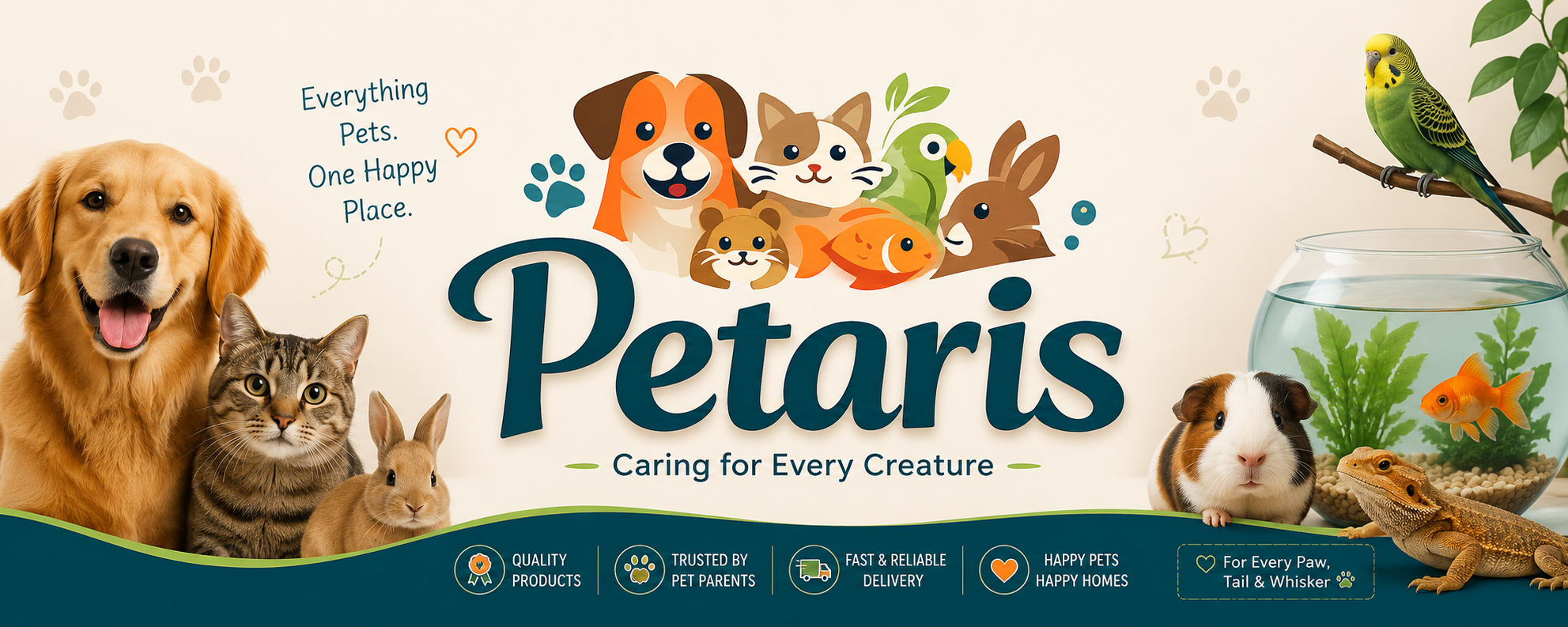 Petaris brand banner featuring various pets and their products.
